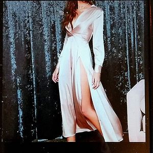 SHEIN Champagne Long Silky Plunge Neck High Slit Dress